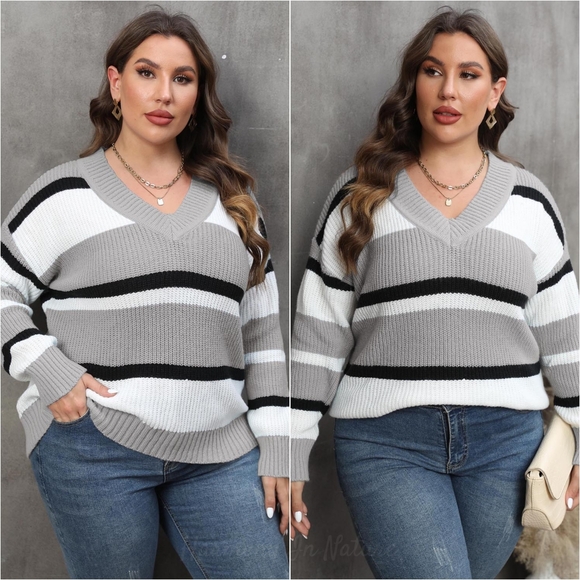 Bold Lines V-Neck Sweater - Gray - Picture 1 of 4